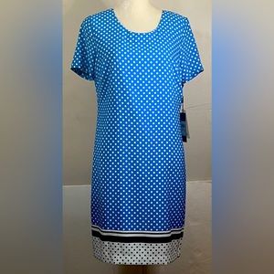 NWT Karl Lagerfeld Blue-White Polka Dot Short Sleeve A-Line Dress. Sz 10
